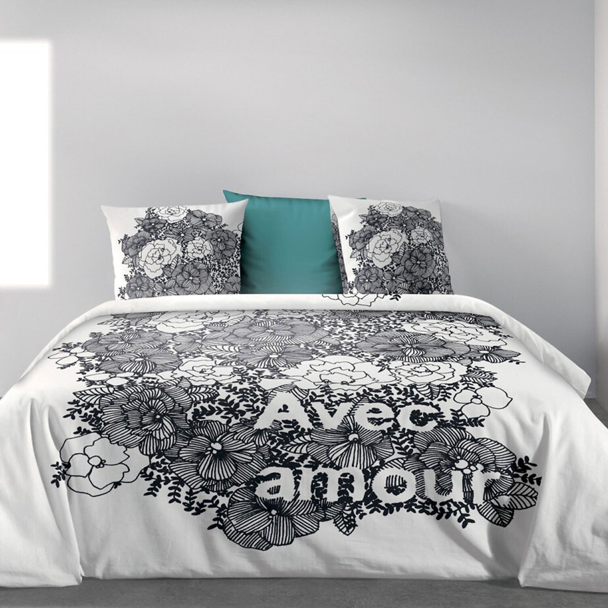 Parure housse de couette en coton imprimée, Avec amour gris foncé, C DESIGN HOME TEXTILE