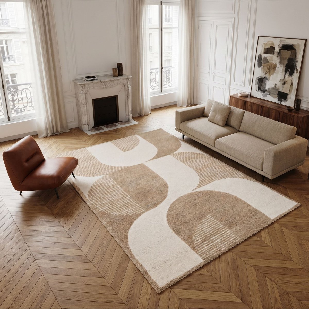 Tapis à reliefs doux à relief géométrique DESIGN OPTIQUE beige, THE DECO FACTORY