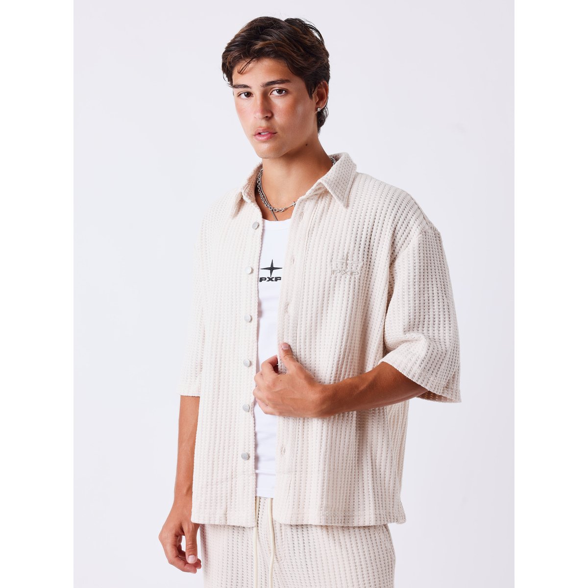 Chemise manches courtes Flower crème camel, PROJECT X