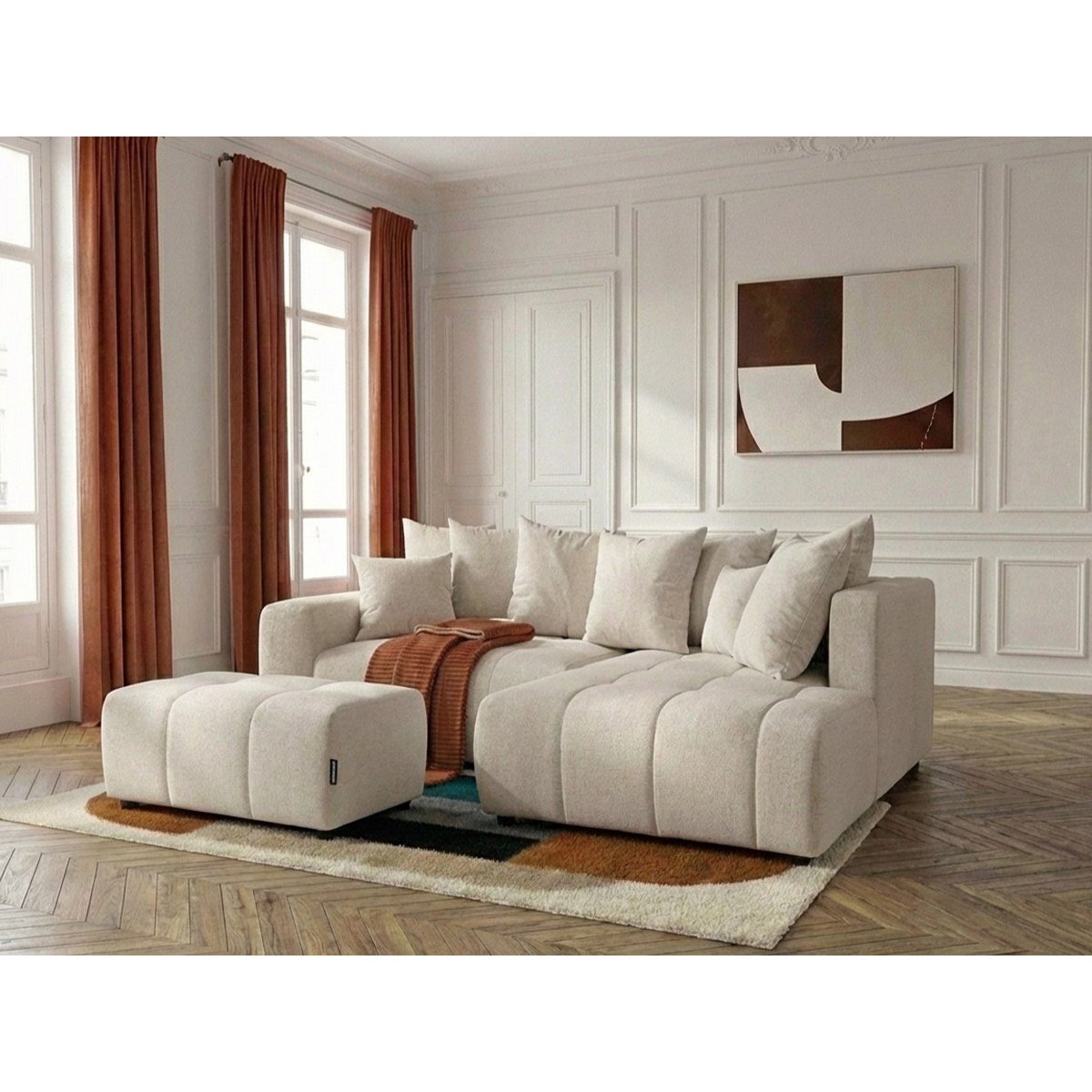 Canapé d'angle convertible 4 places en tissu chiné avec pouf, ROXELANE beige, BOBOCHIC