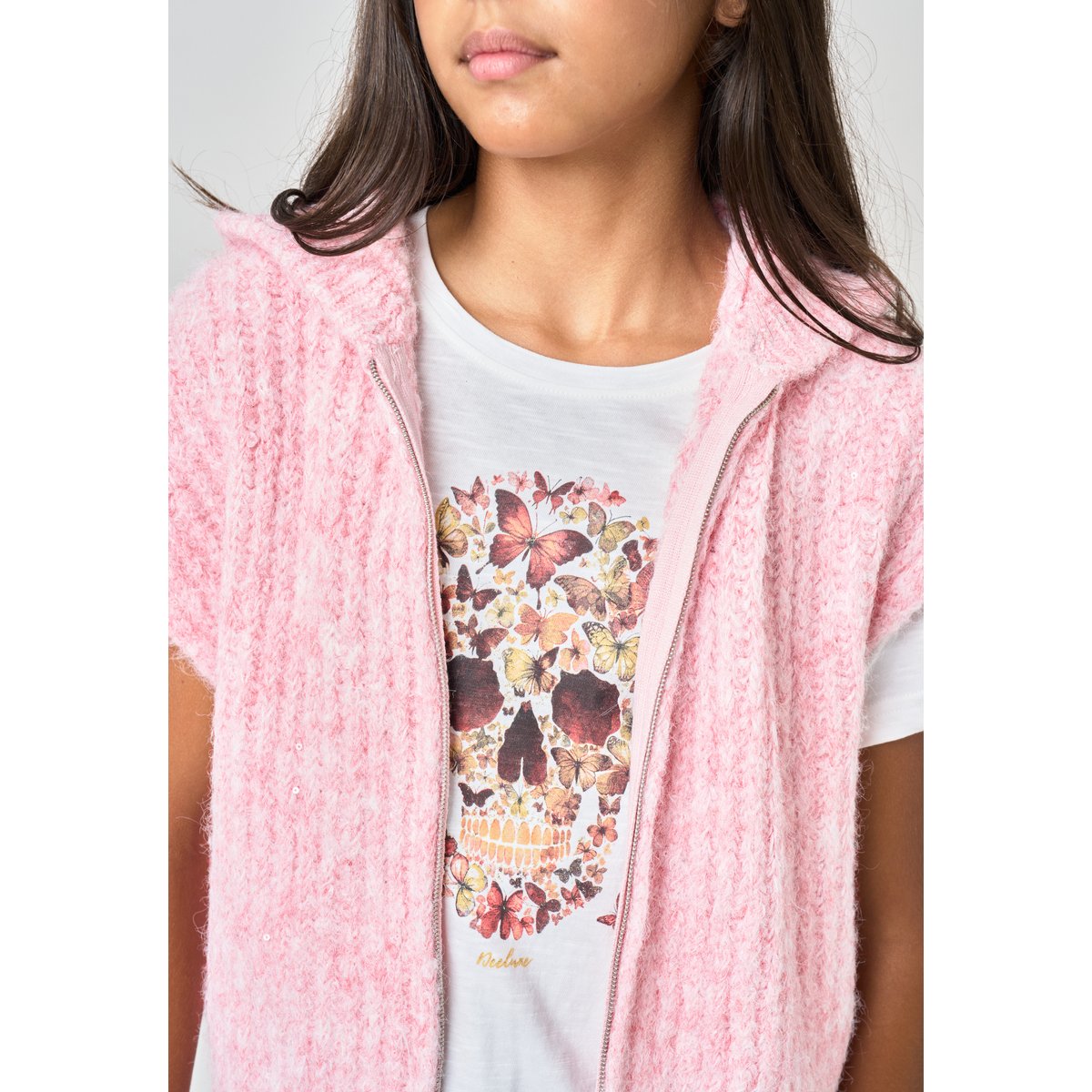 Gilet à capuche fille maille douce sans manches ALIAMA rose clair, DEELUXE