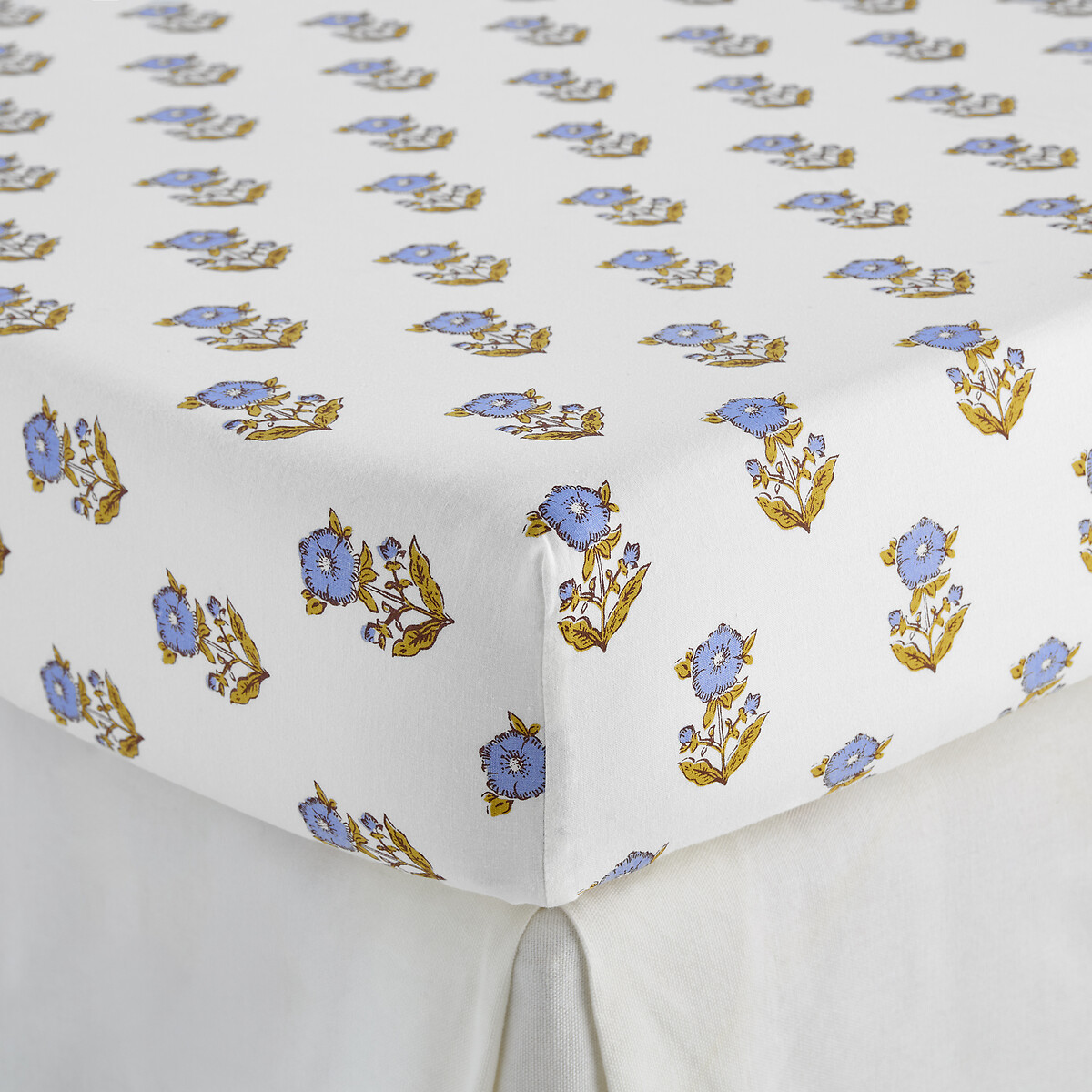 Drap-housse enfant, en coton lavé, imprimé fleurs, DIMANI imprimé fond écru, LA REDOUTE INTERIEURS