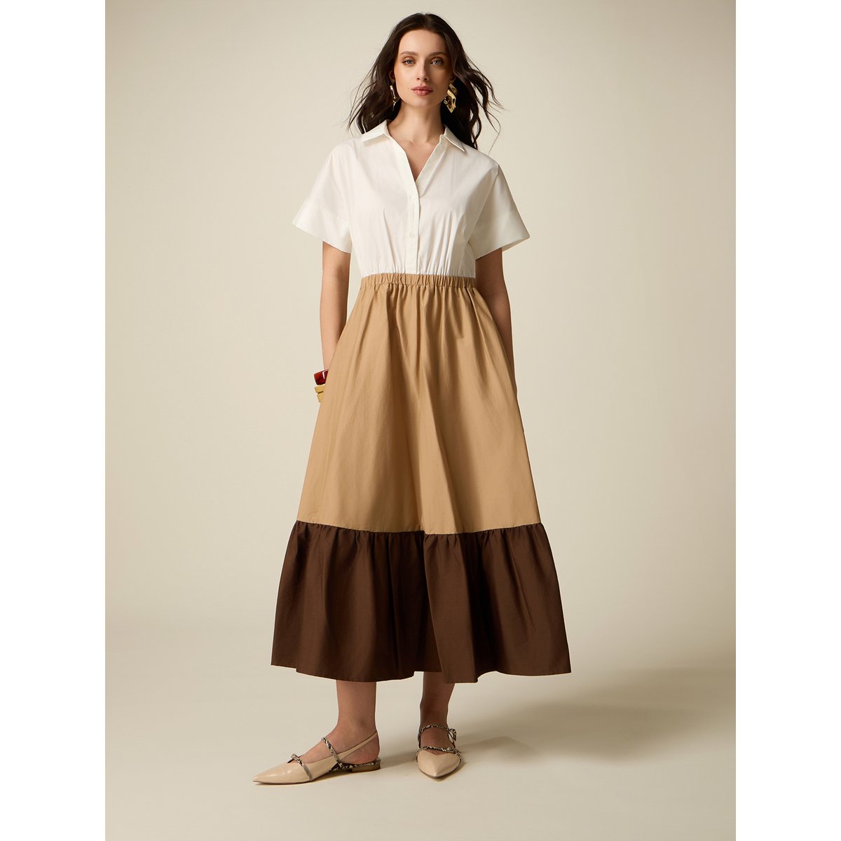Robe longue color block marron, OLTRE