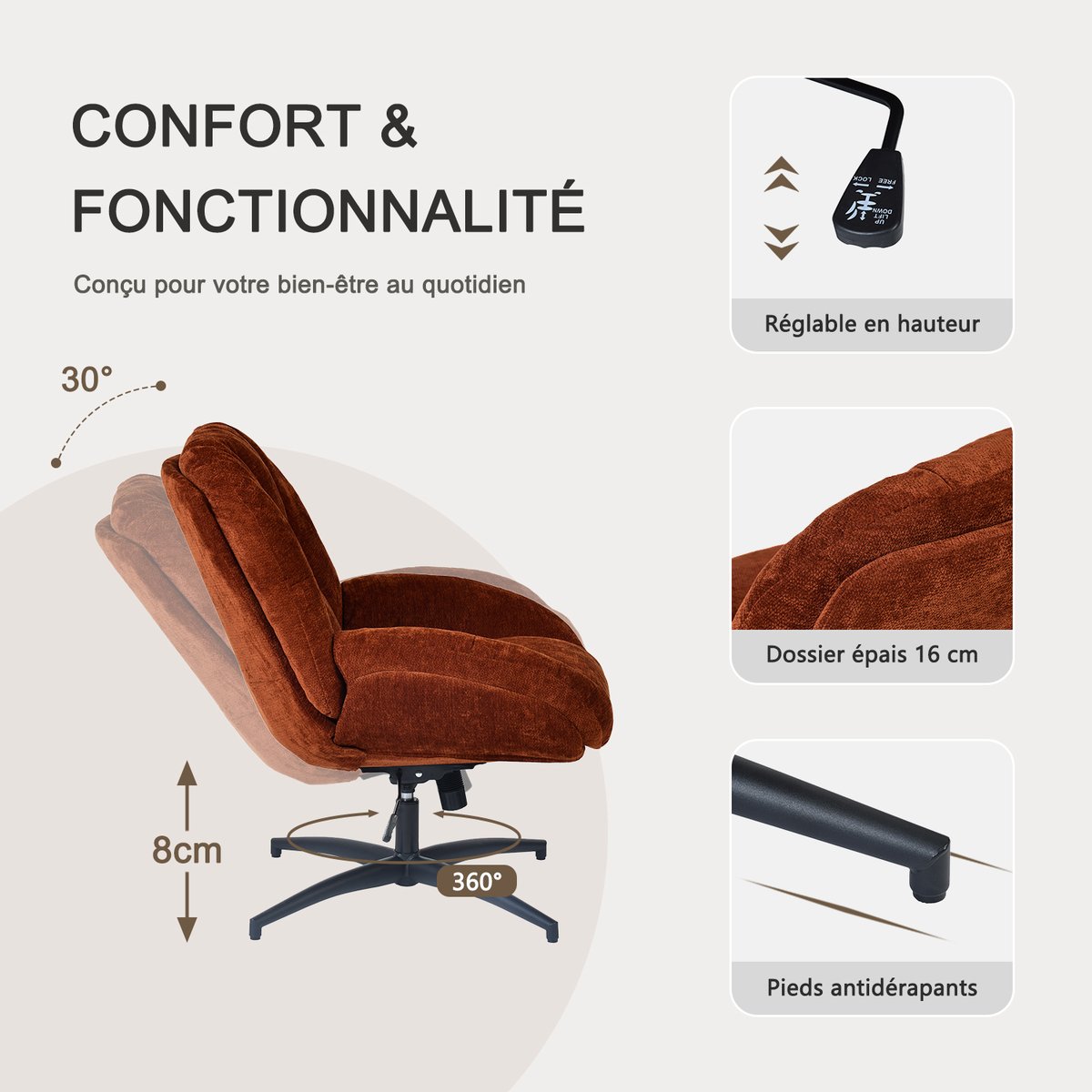 Chaise de bureau pivotante avec dossier inclinable en chenille, LITHOPSFIX CHENILLEO rouge, MEUBLES COSY