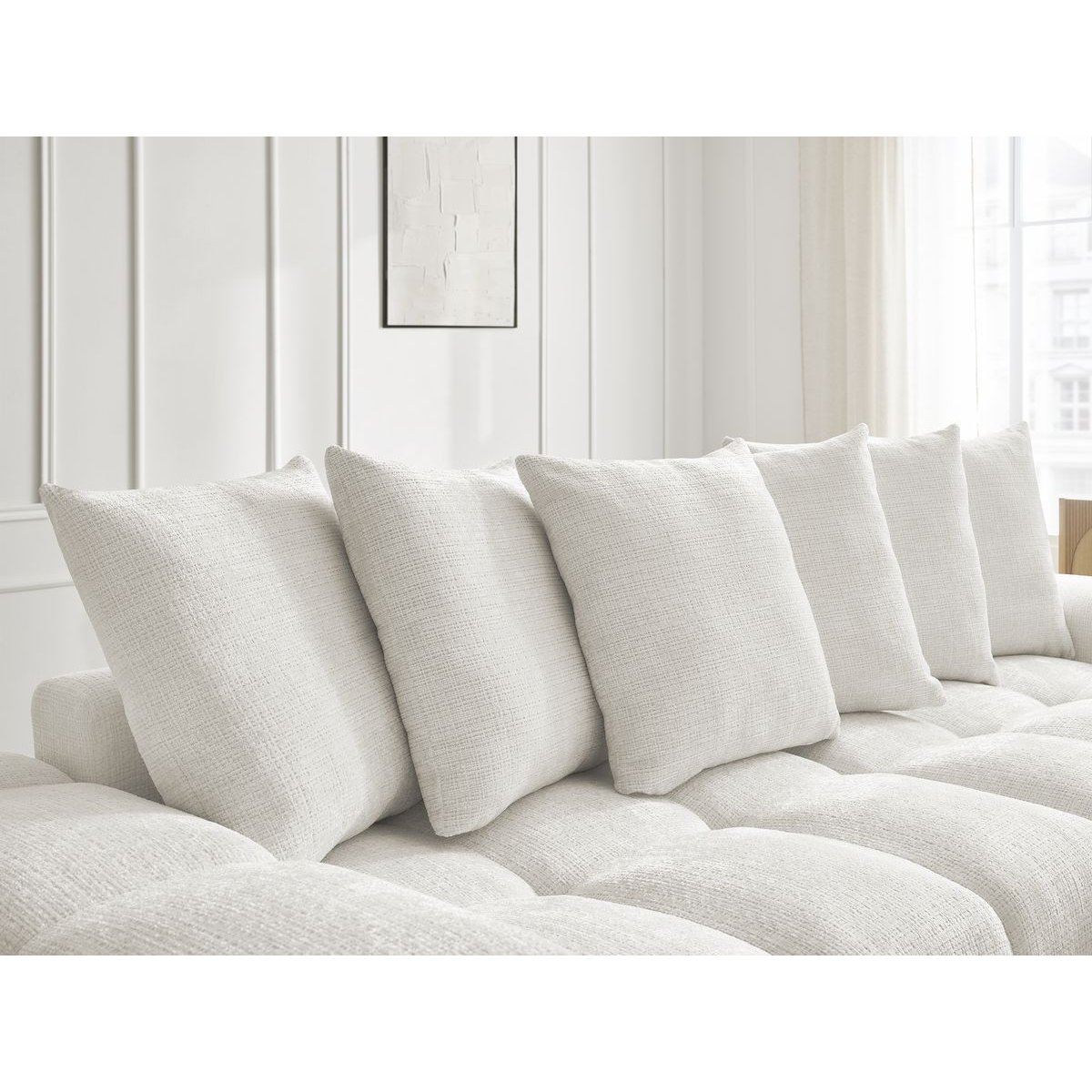 Canapé droit fixe 3 places en tissu texturé avec pouf, ANAKIN blanc, BOBOCHIC