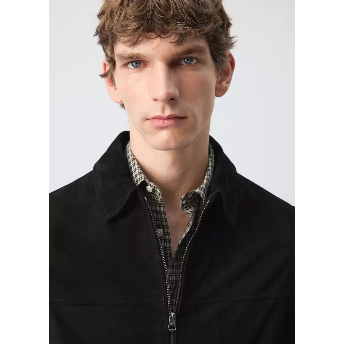 Blouson 100 % cuir daim à zip noir, MANGO MAN