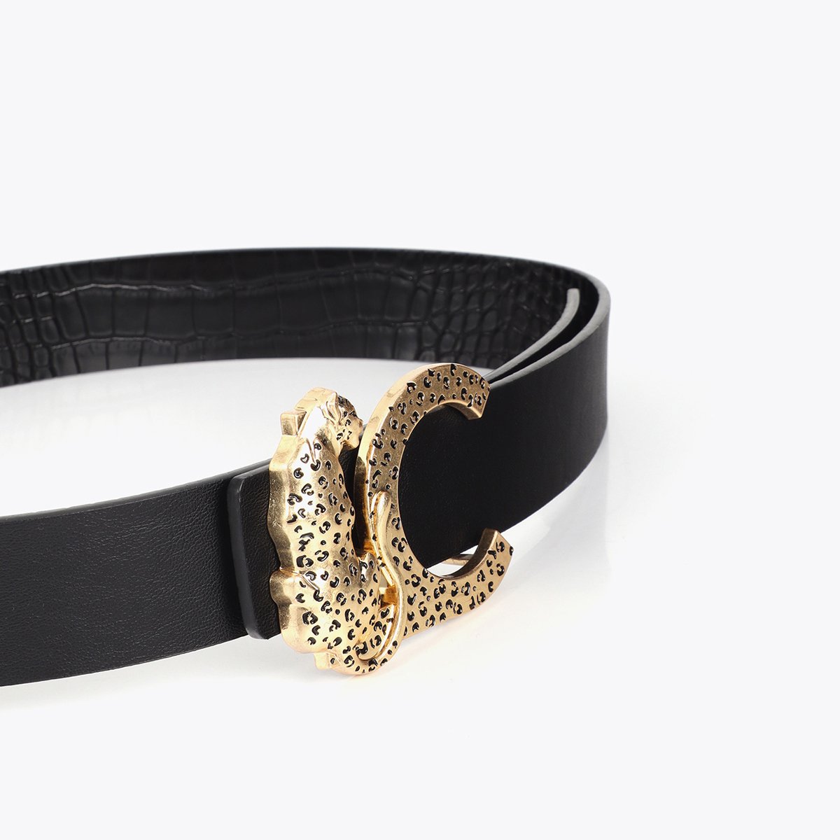 Ceinture effet croco à boucle félin noir, LOLA CASADEMUNT
