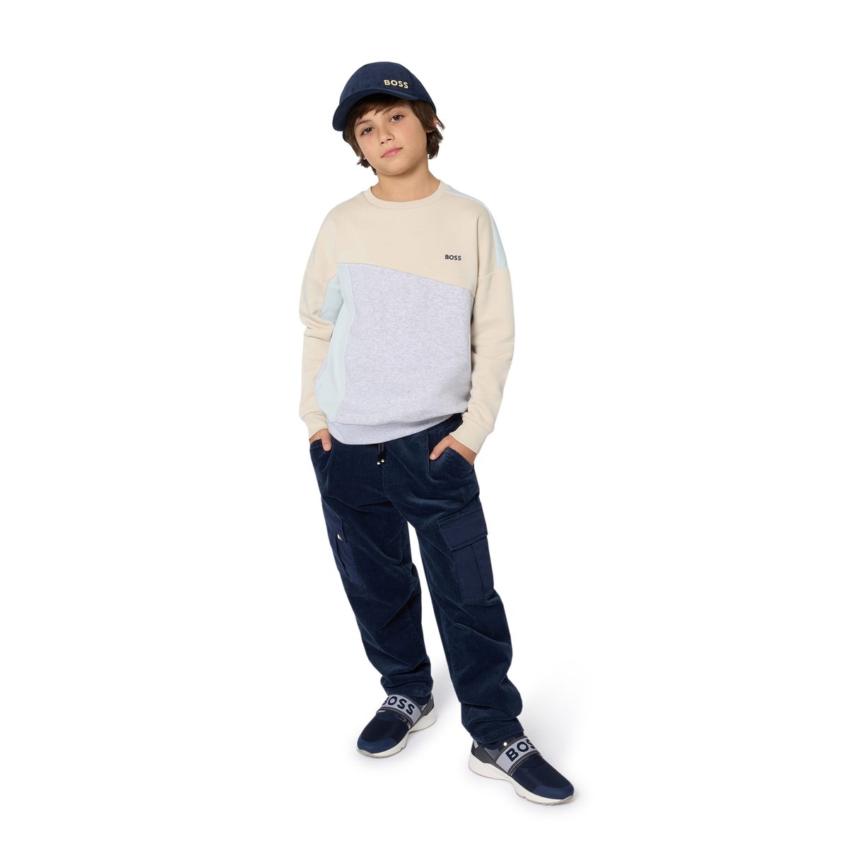 Pantalon en velours bleu cargo, BOSS KIDSWEAR
