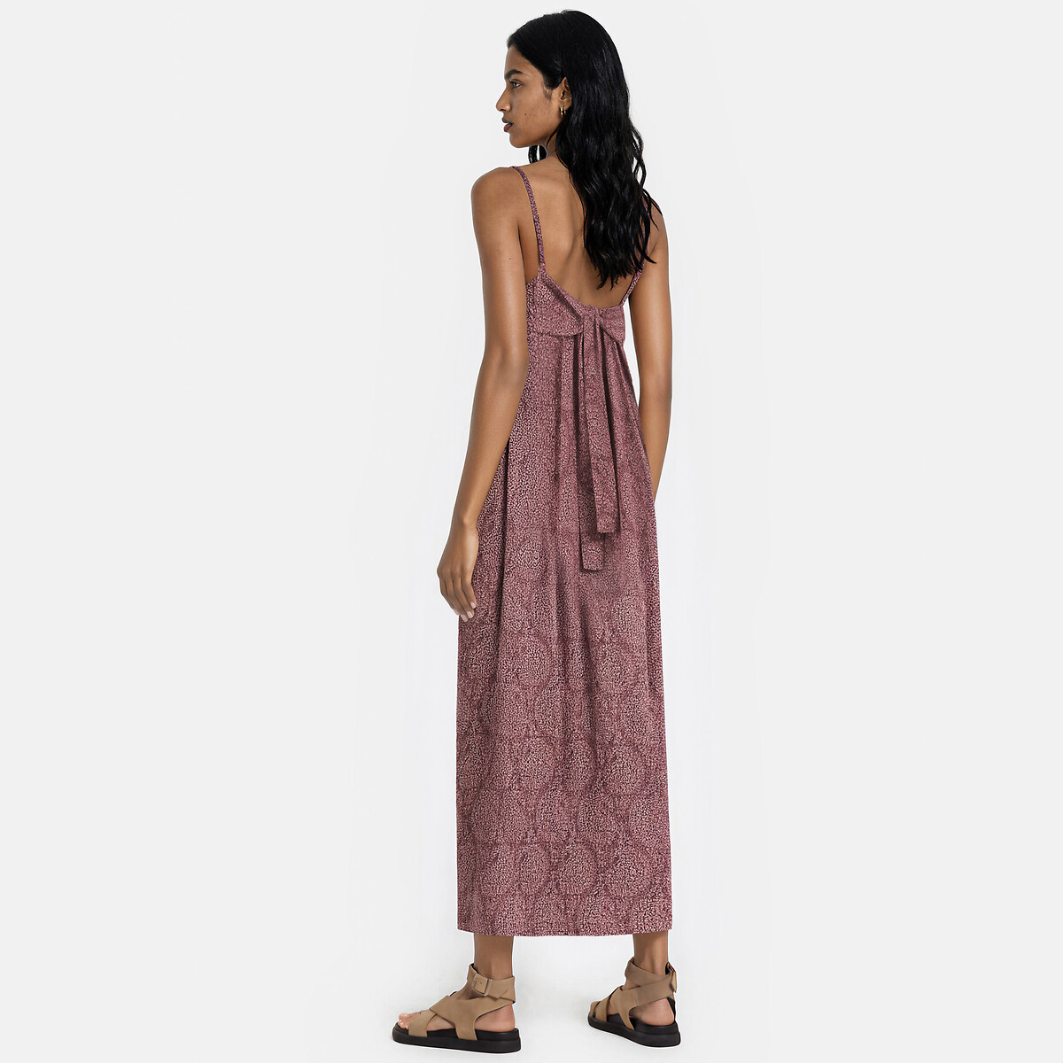 Maxi abito con stampa paisley e spalline sottili fantasia fondo marrone, LA REDOUTE COLLECTIONS