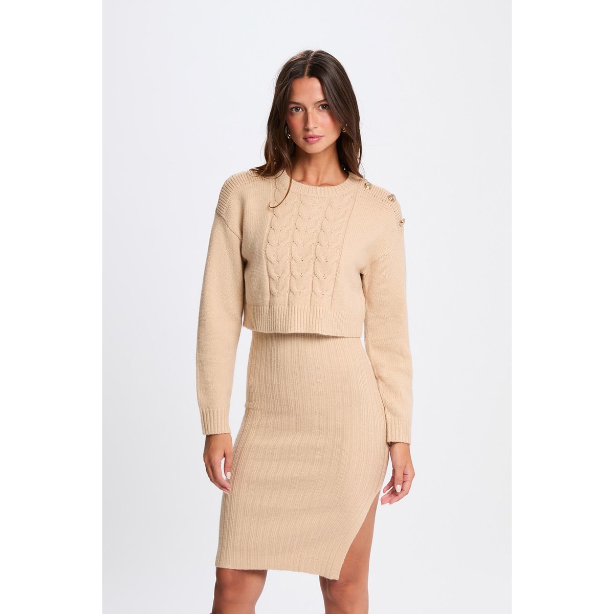 Robe tricot ajustée 2-en-1 beige, MORGAN