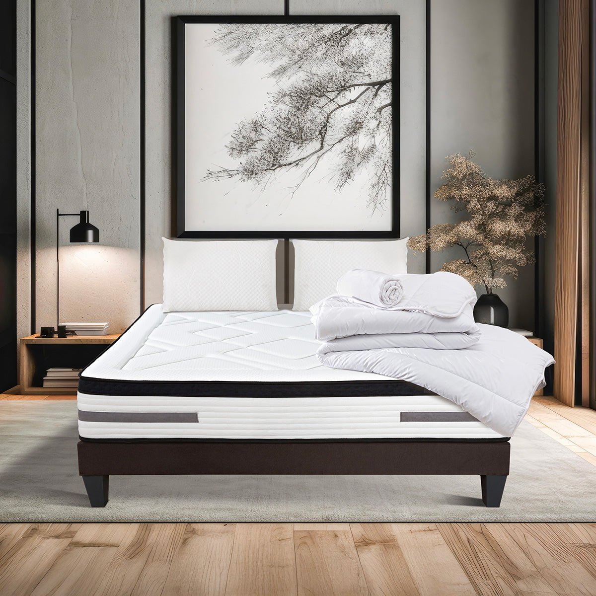 Pack Bellevue 90x200 cm Matelas Ressorts ensachés + Sommier Bois + Accessoires blanc, BELLECOUR