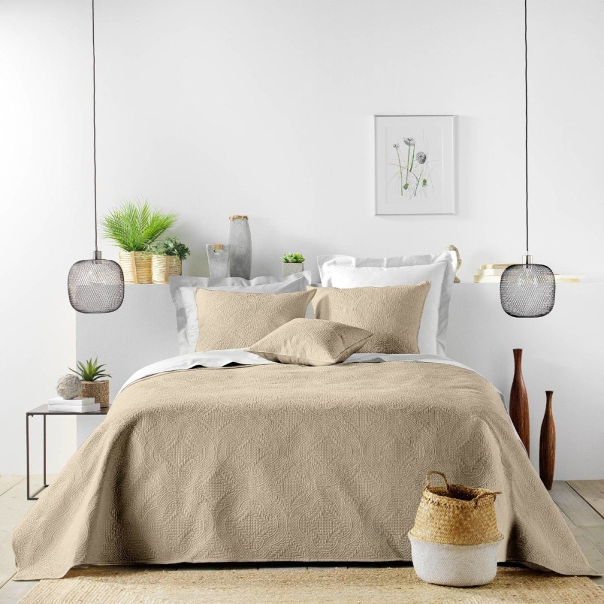 Couvre-lit 2 personnes matelassé microfibre Romane coloris lin beige, DECORATIE