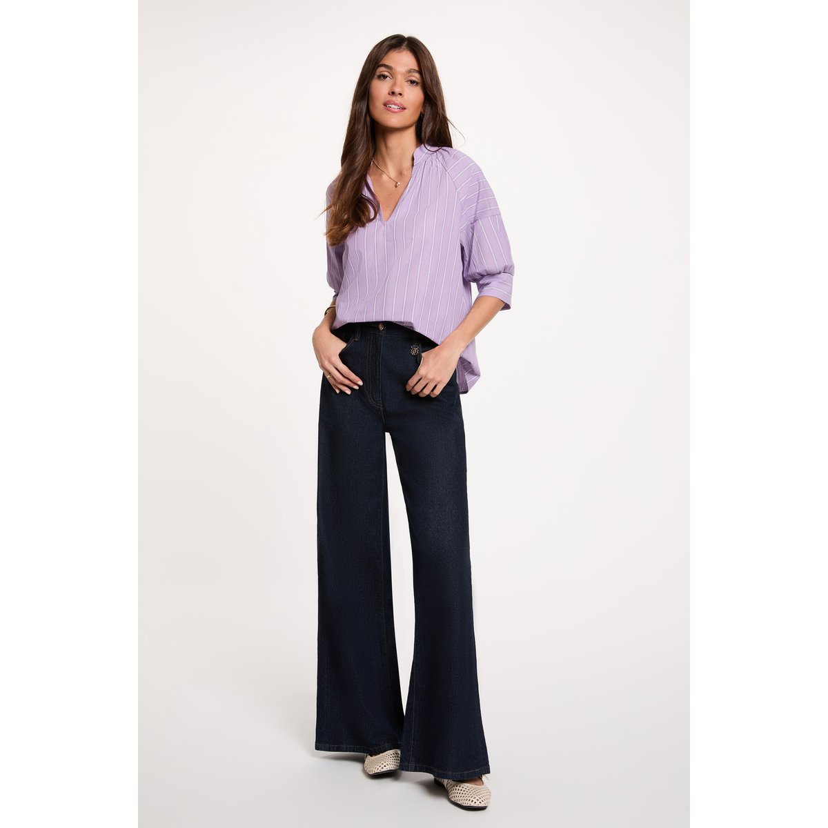 Blouse rayée col v multicolore, MORGAN