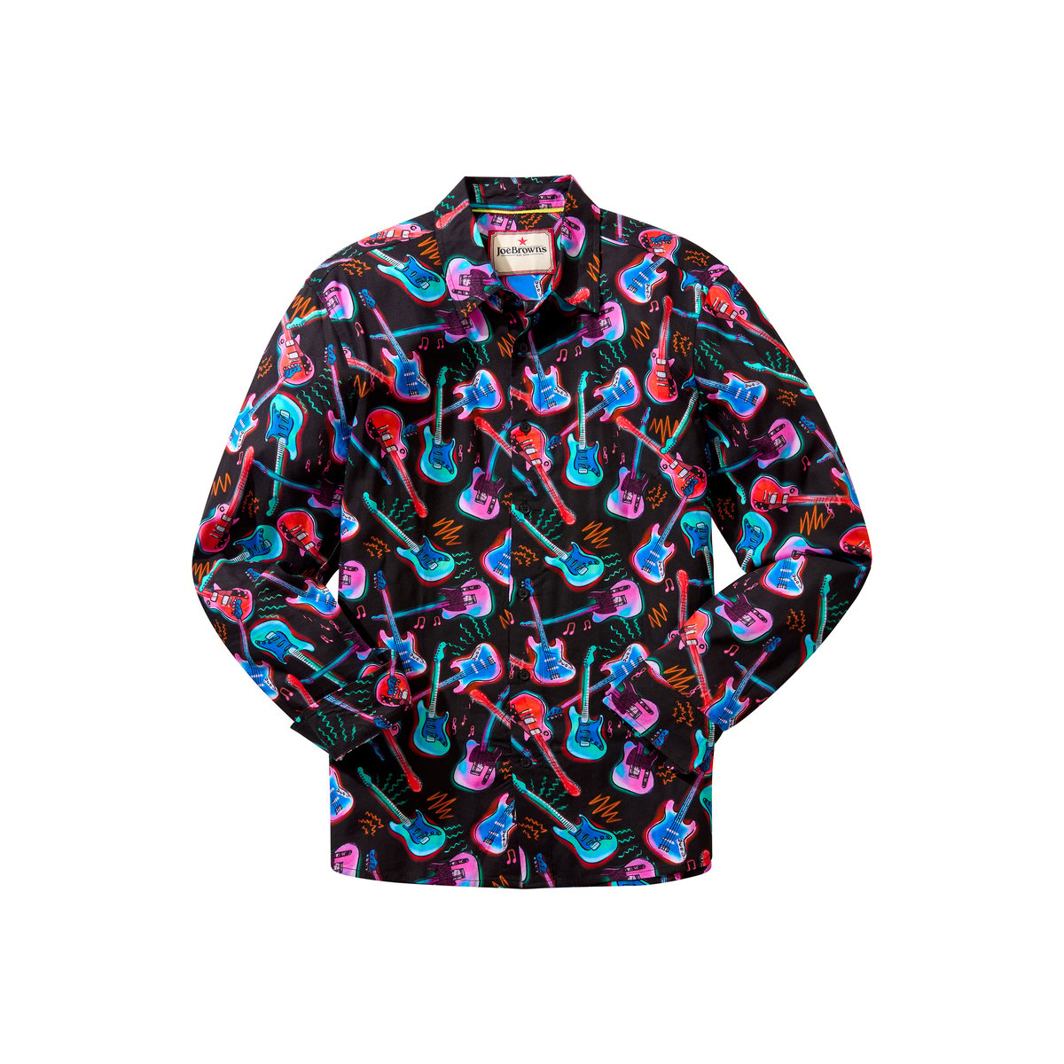 Chemise à manches longues imprimé guitare néon multicolore, JOE BROWNS