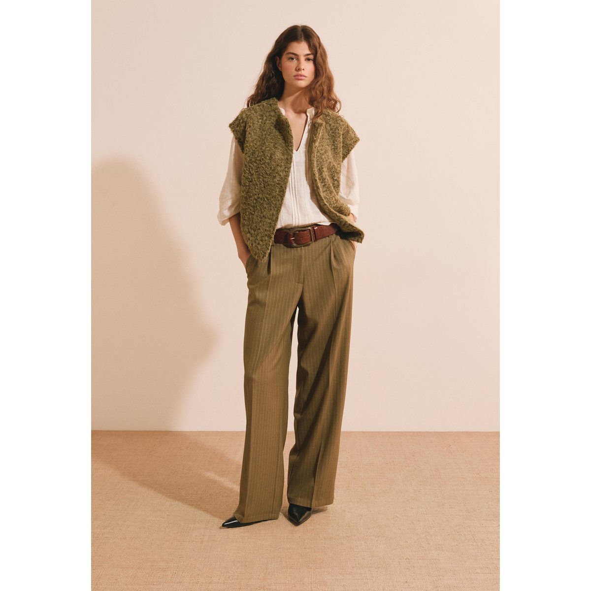 Pantalon droit à rayures tennis PERVANCHE RAY kaki olive, ETAM