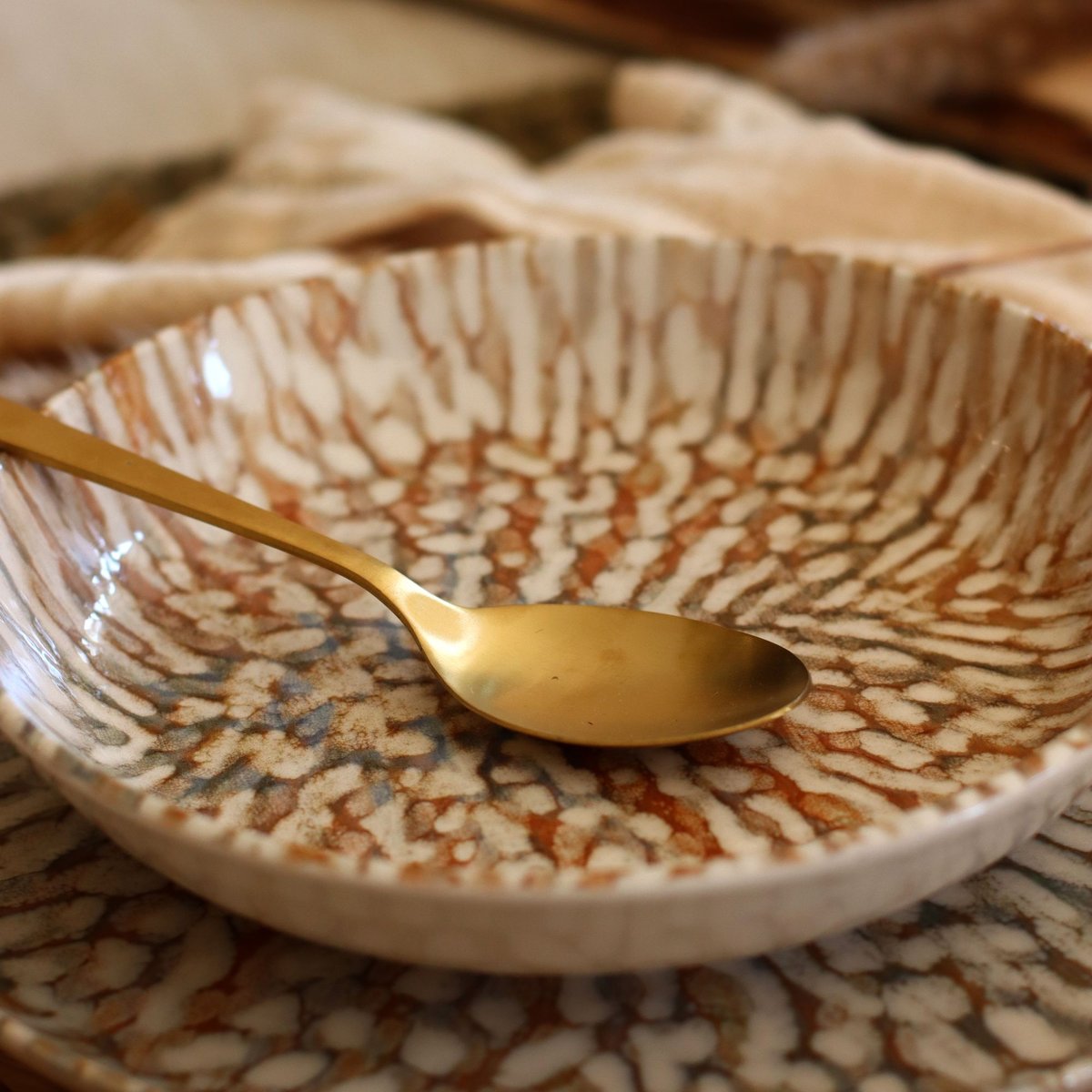 Lot de 6 assiettes creuses en grès 20,5cm, AMBRE beige-marron, NOVASTYL