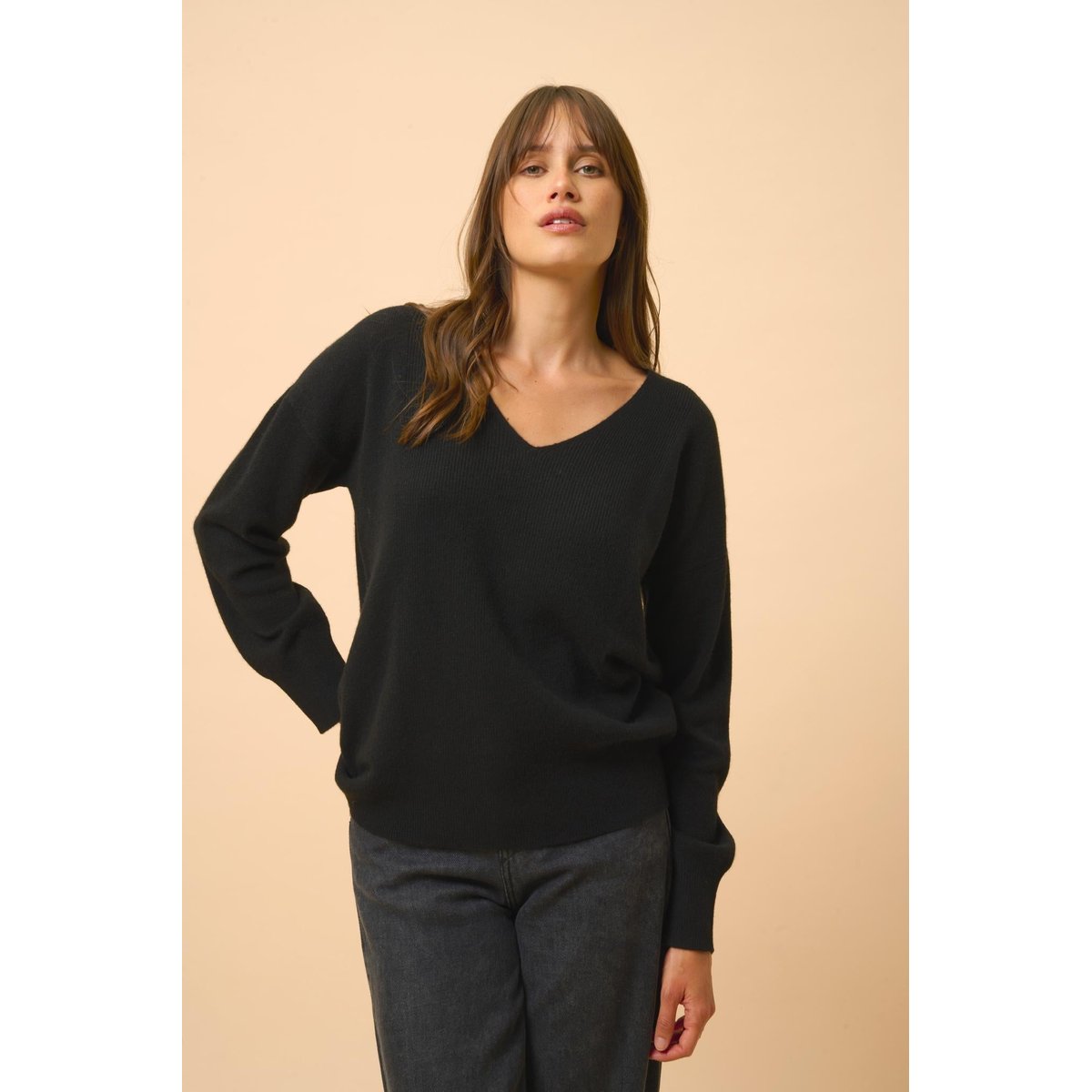 Pull Col V Noir Birse noir, JUST CASHMERE