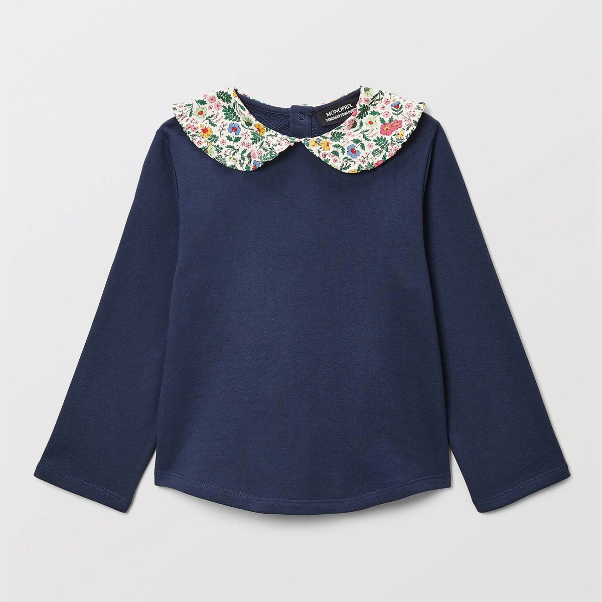 Sweat avec col imprimé fleuri en coton marine, MONOPRIX