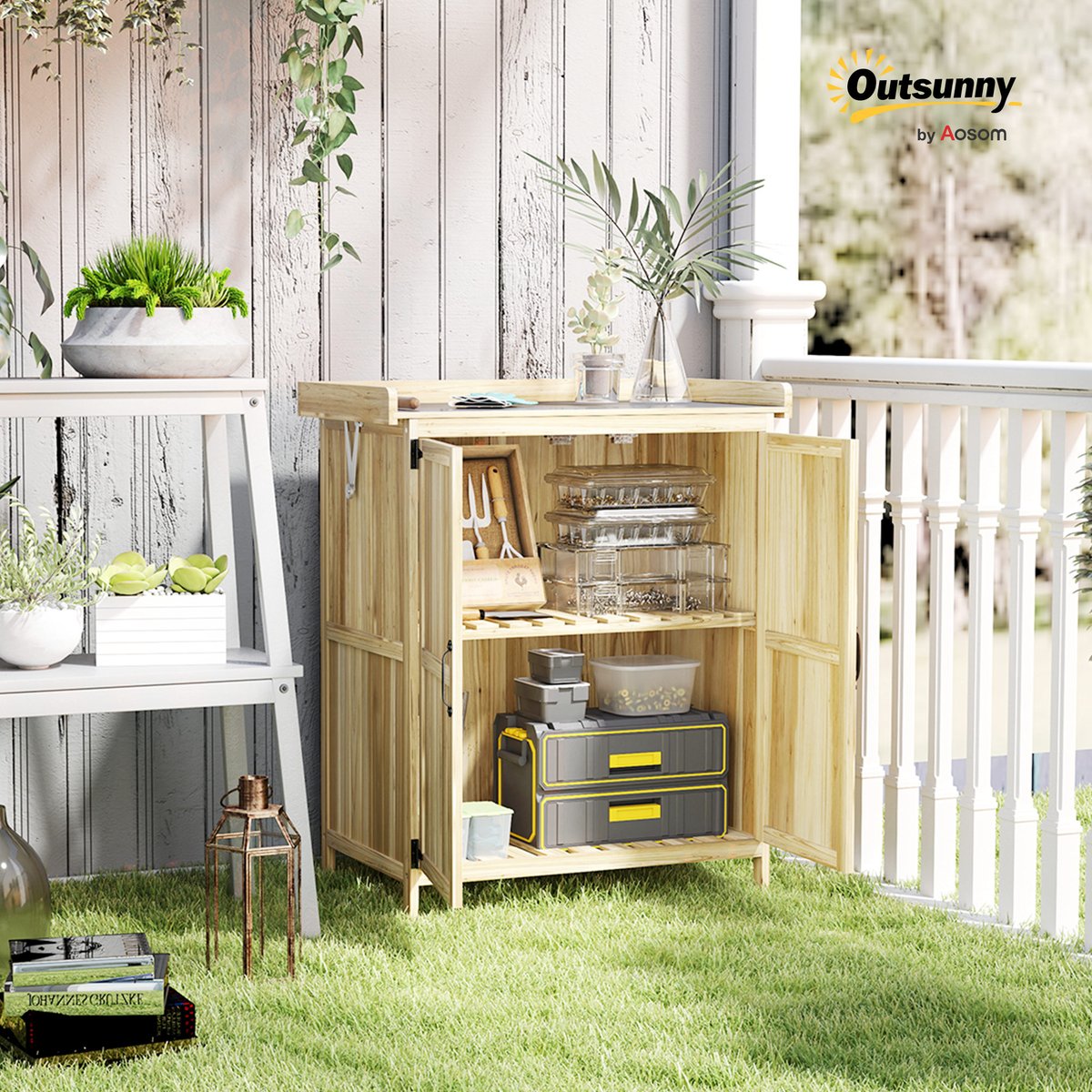 Coffre de rangement d'extérieur Bois de sapin beige, OUTSUNNY
