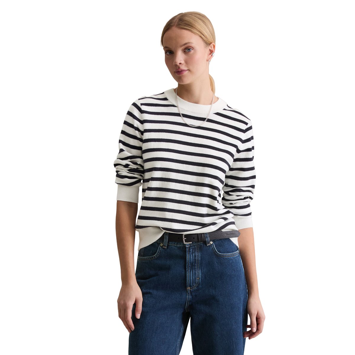 Pull-over rayé régulier en Soft Cotton Stretch bleu foncé, MARC O’POLO DENIM