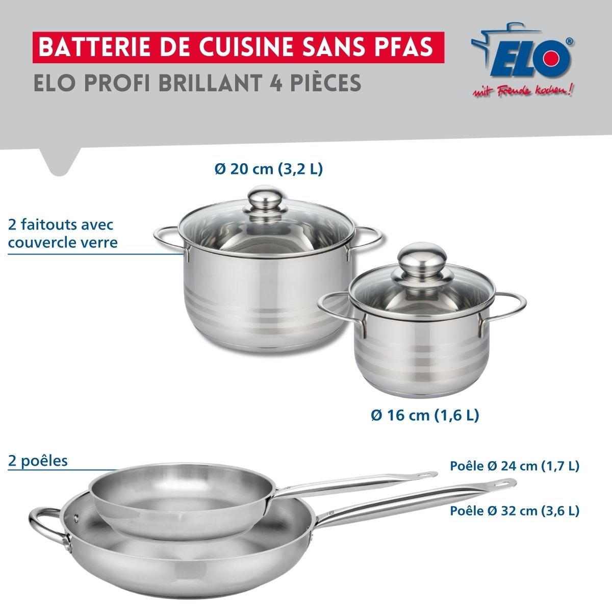 Batterie 2 poêles 24/32cm + 2 faitouts 16/20cm PROFI BRILLANT gris, ELO