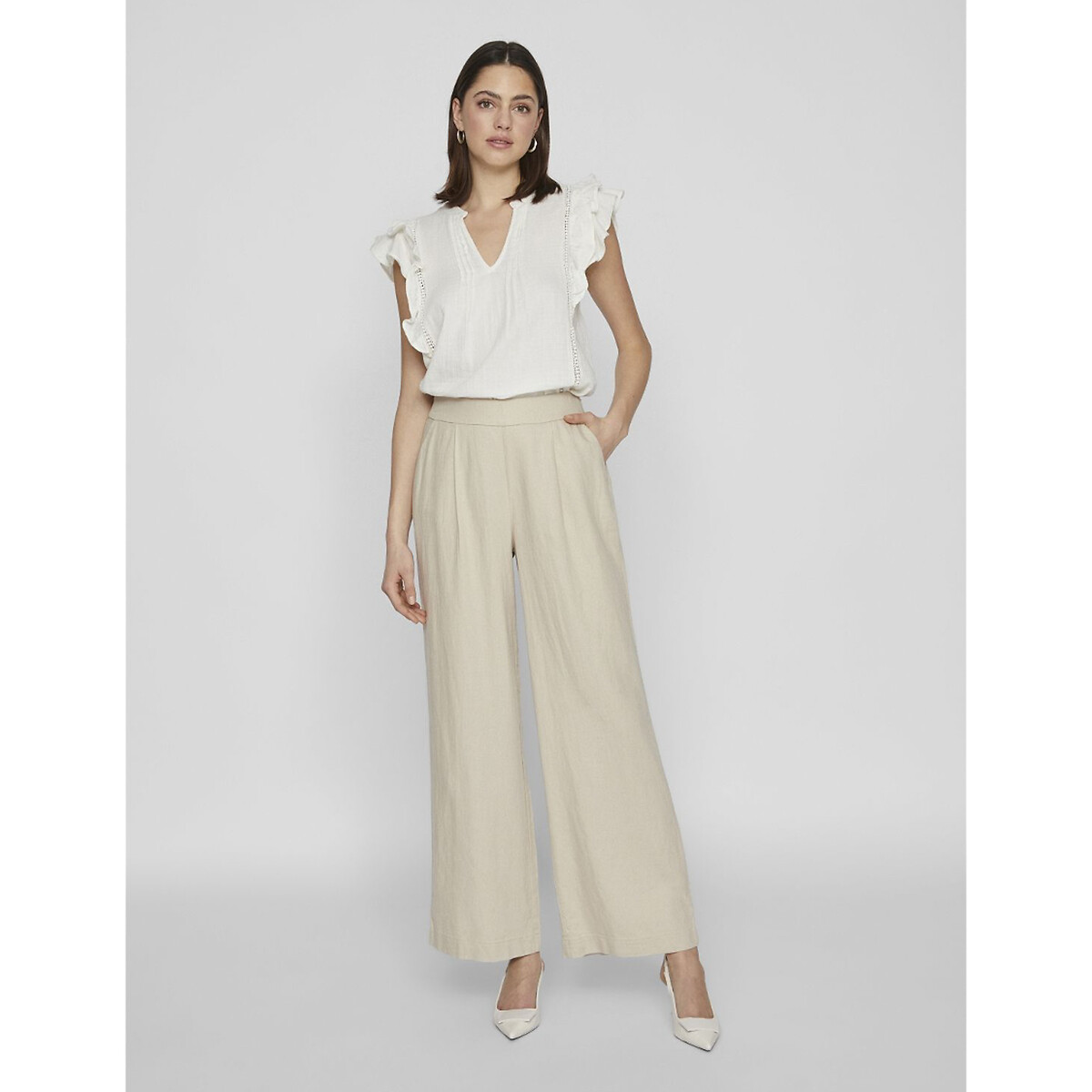 Pantalon large à pinces, taille haute beige clair, VILA