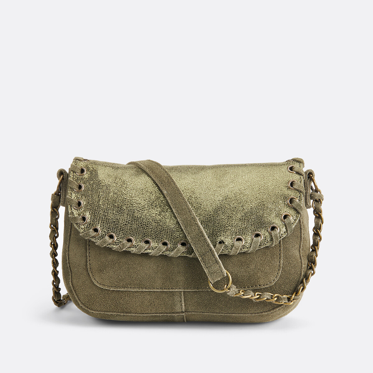 Sac bandoulière en cuir suède Binia kaki, PIECES