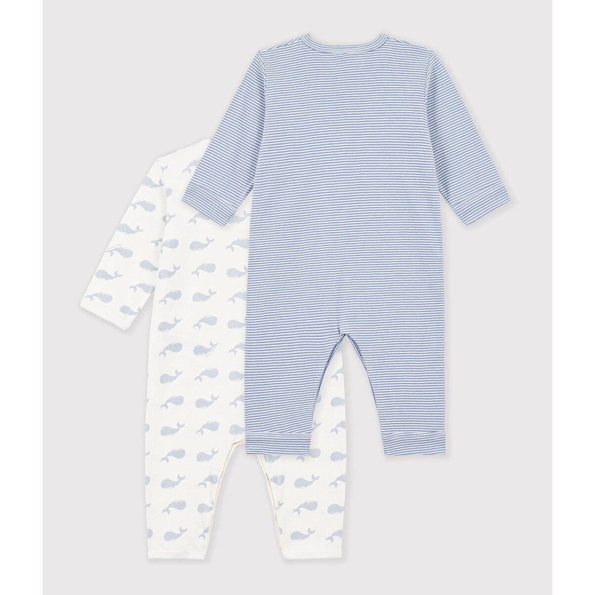 Lot de 2 pyjamas sans pieds en coton, imprimés baleines et rayures rayé + blanc, PETIT BATEAU