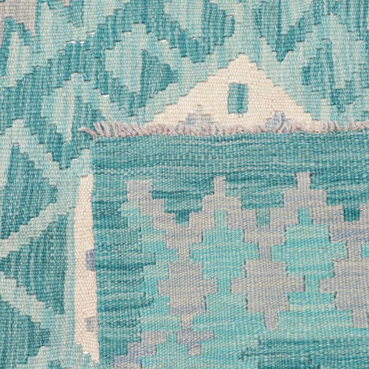 Tapis d'orient, motif géométrique authentique, tissé à plat, KILIM 15 bleu, crème, gris, UN AMOUR DE TAPIS