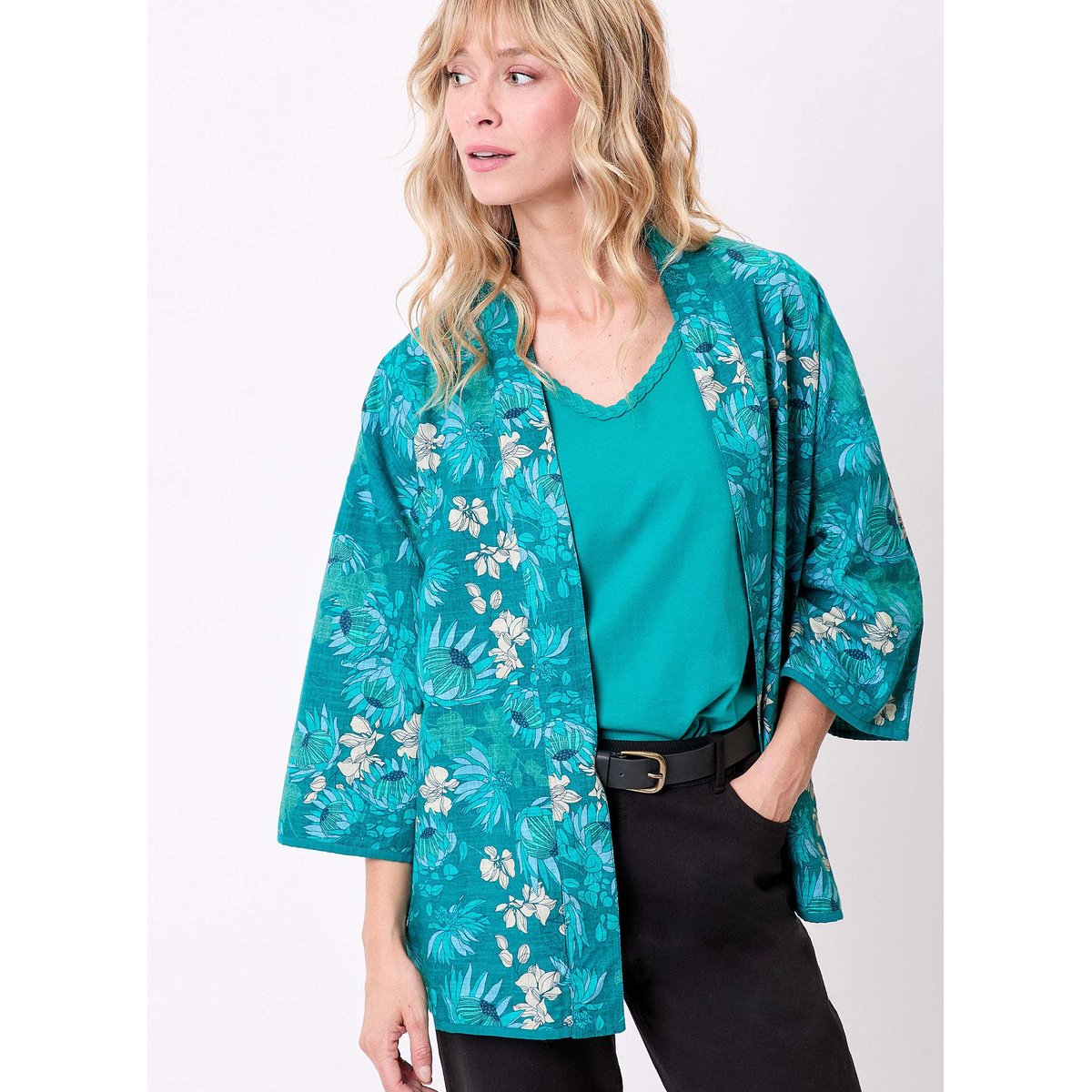 Veste kimono imprimée réversible coton bio WEZA vert razak, LA FIANCÉE