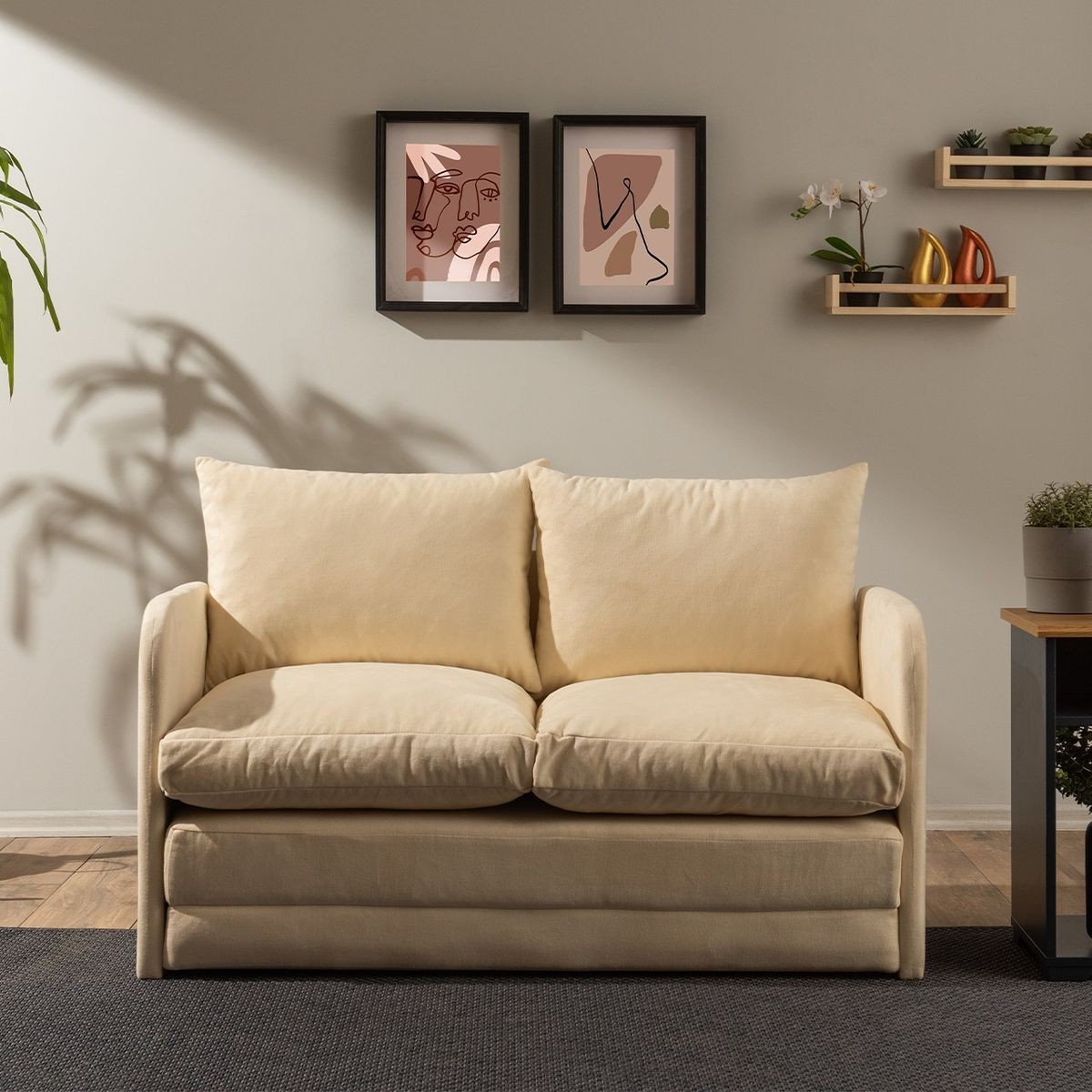 Canapé convertible 2 places en tissu - LUZ beige, HOMIFAB