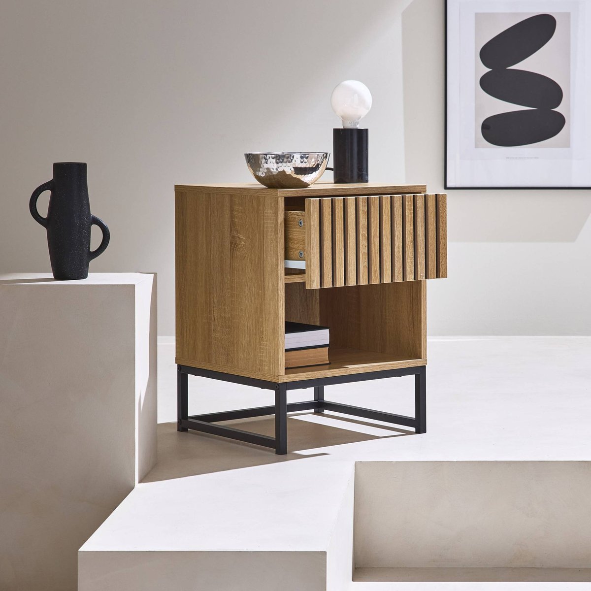 Table de chevet contemporaine décor bois rainuré 1 tiroir LISBONNE naturel, SWEEEK