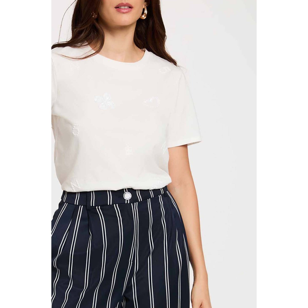T-shirt brodé col rond blanc, MORGAN