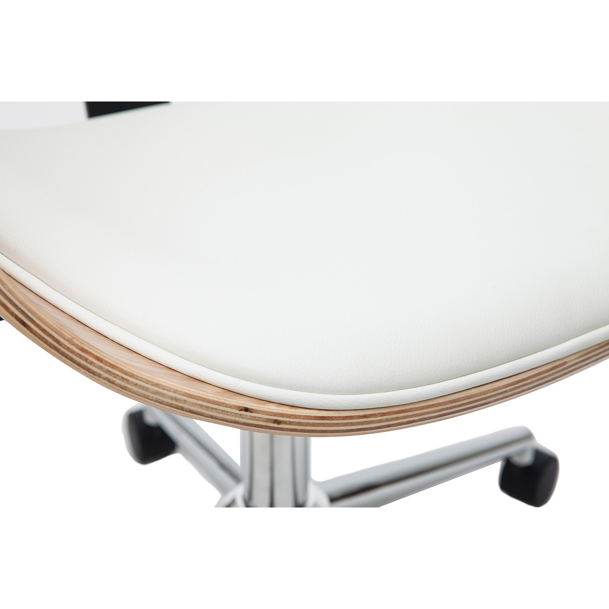 Chaise de bureau à roulettes design blanc, bois clair et acier chromé GLORY blanc, MILIBOO