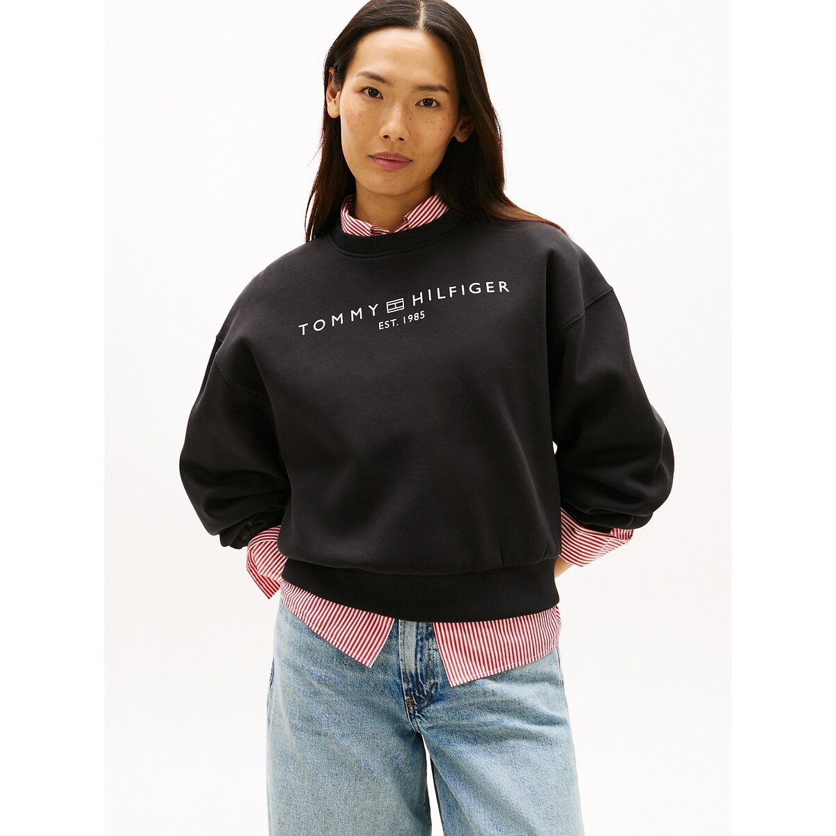 Sweat à col rond à manches longues avec logo noir, TOMMY HILFIGER