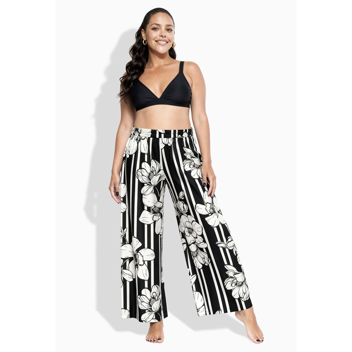 Pantalon Palazzo dans un imprimé noir, ULLA POPKEN
