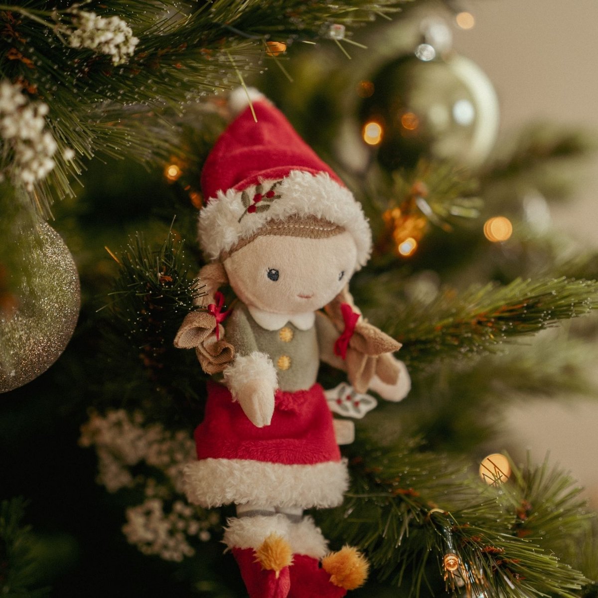 Lot de 4 décorations de Noël en peluche à suspendre vert, rouge, blanc, LITTLE DUTCH