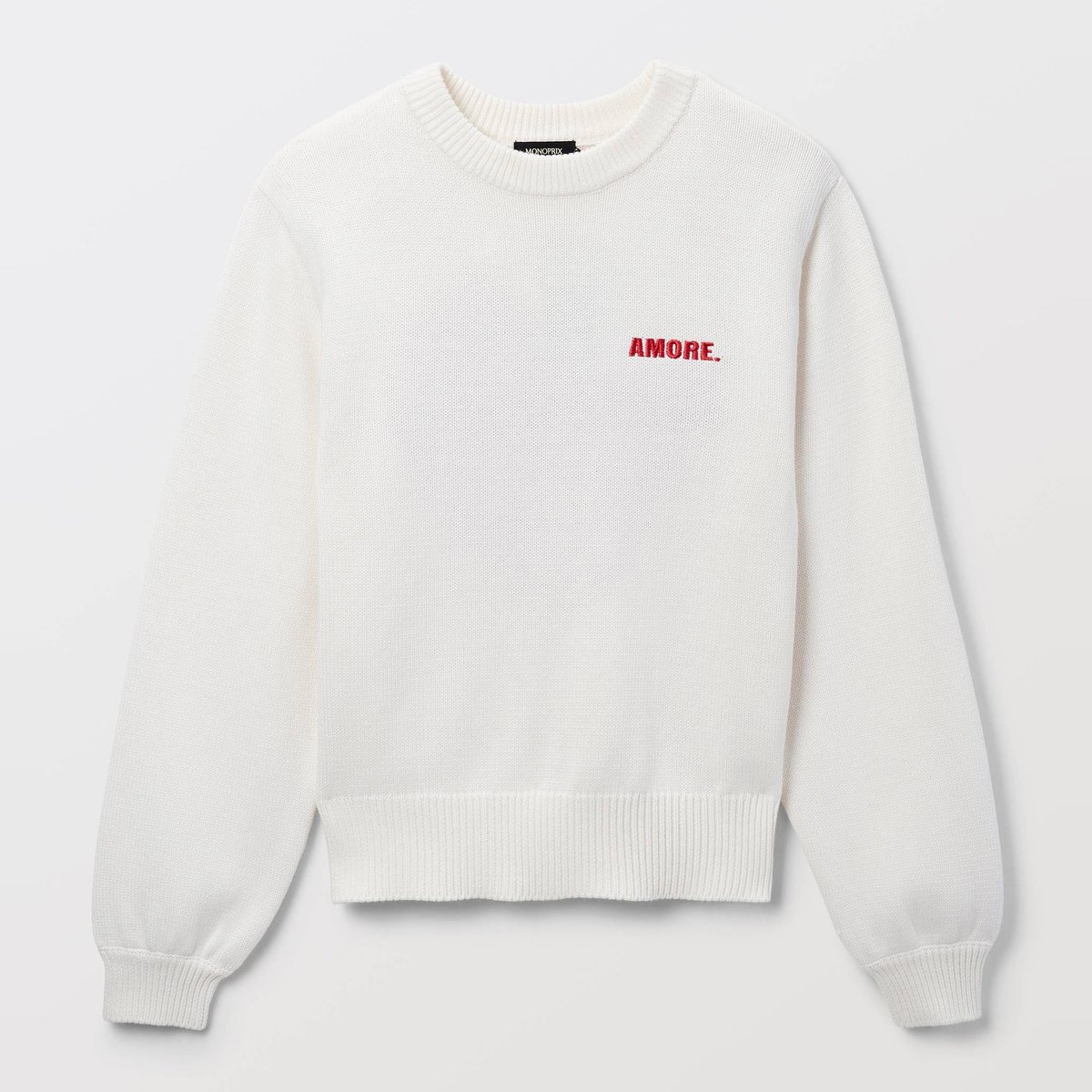 Pull manches longues à jacquard coeur au dos ecru, MONOPRIX