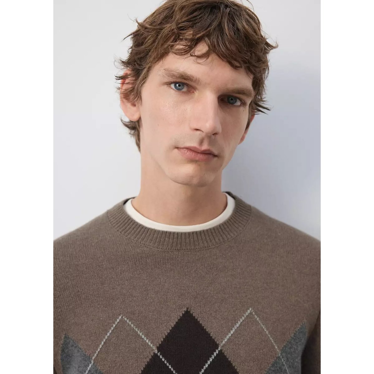 Pull-over maille laine mélangée marron moyen, MANGO MAN