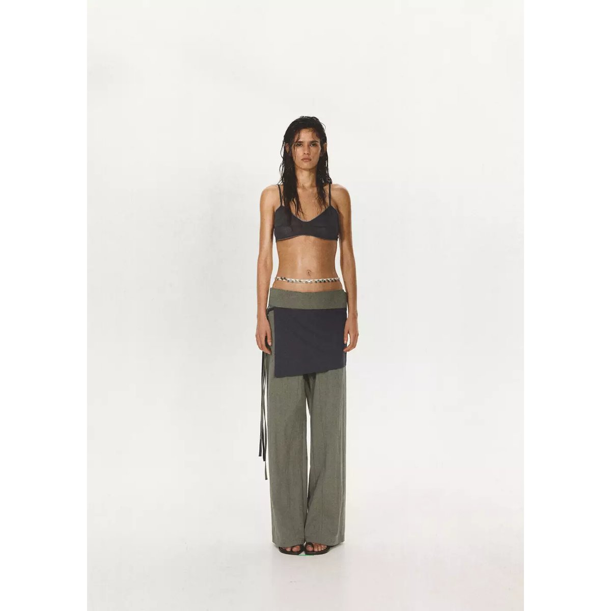 Pantalon avec lien à nouer superposé gris, MANGO