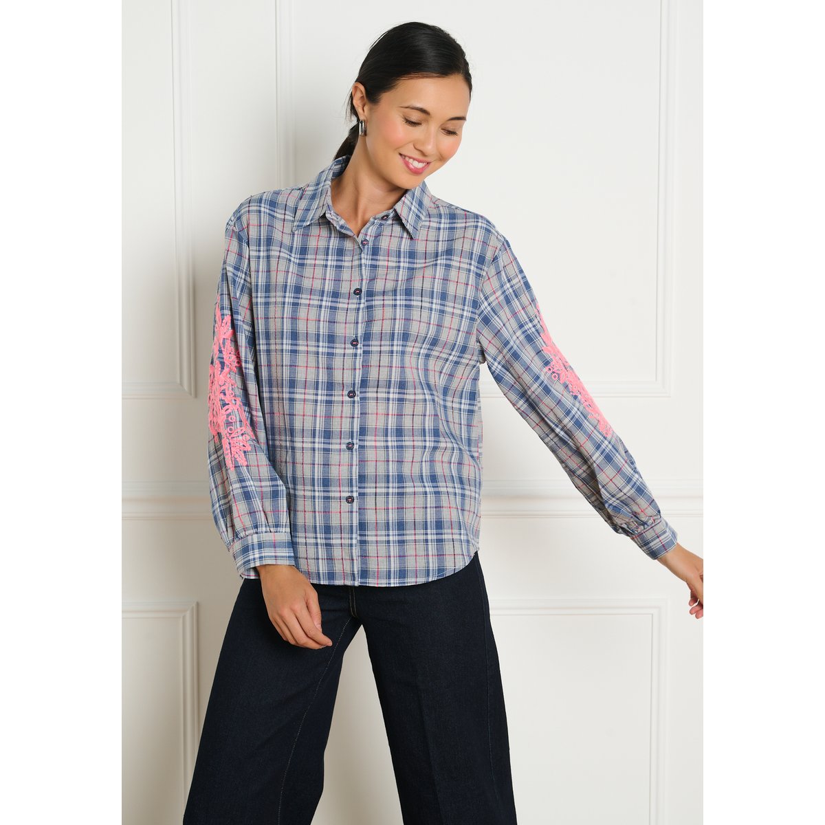 Chemise à carreaux brodée bleu, LOLALIZA