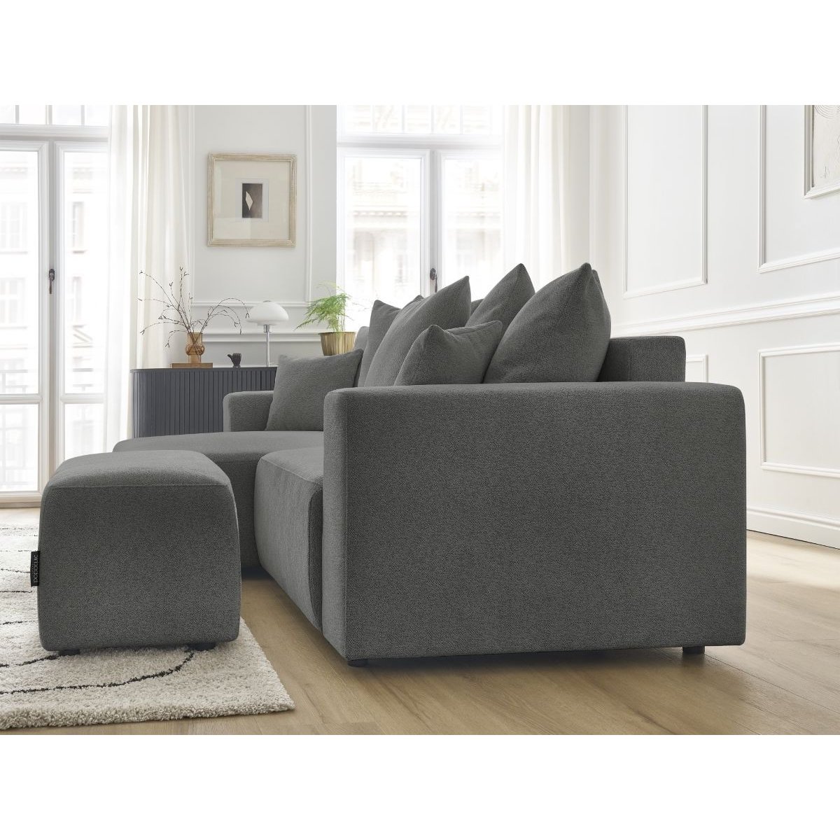 Canapé d'angle convertible 5 places en tissu chiné avec pouf, ATILLA gris foncé, BOBOCHIC