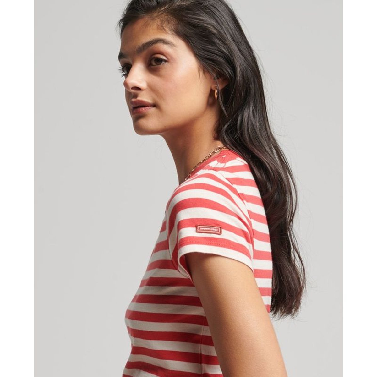T-shirt court Vintage en coton bio rayures rouge pop soda et grège, SUPERDRY