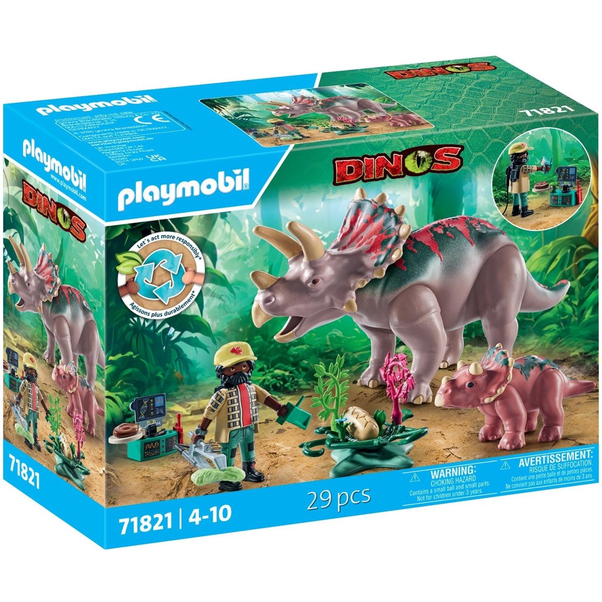 Tricératops avec bébé, oeuf et explorateur multicolore, PLAYMOBIL