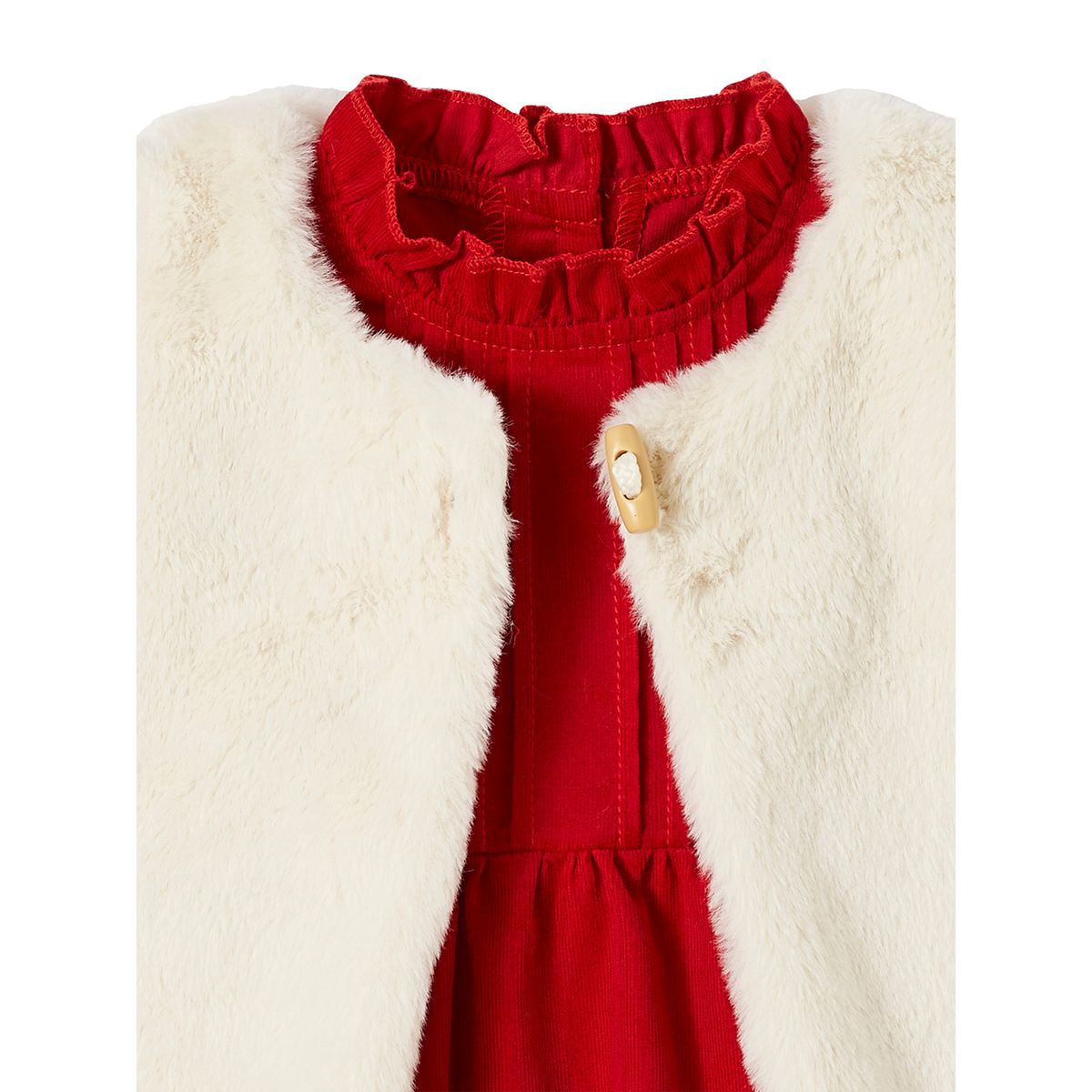 Ensemble de Noël bébé : robe, gilet en imitation fourrure, collants et bandeau assorti rouge, VERTBAUDET