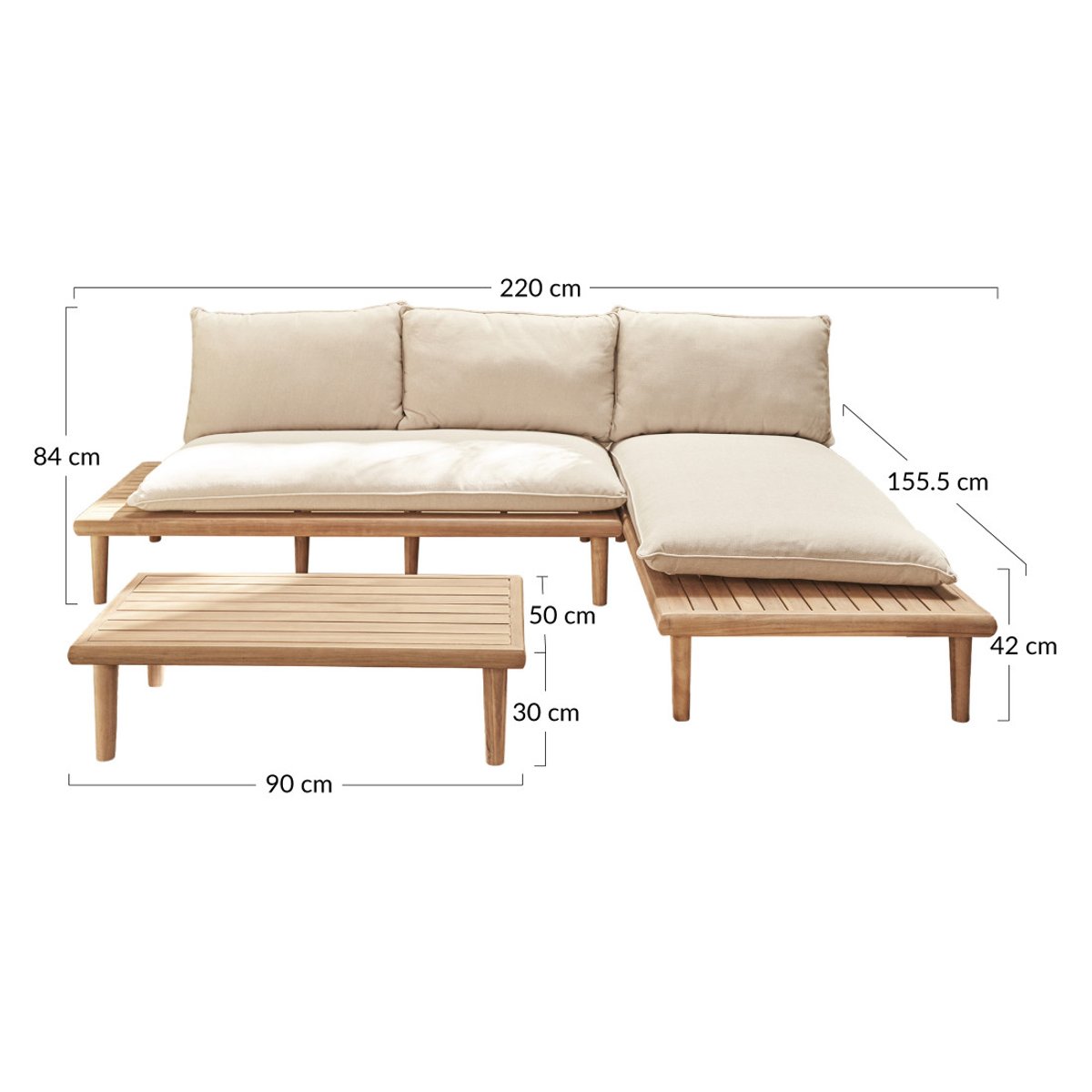Salon bas de jardin + table bois 4 places, PAPEETE bois / beige, BEST MOBILIER