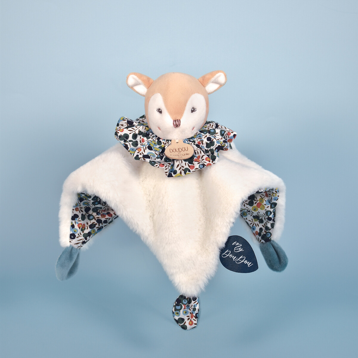 Doudou boule faon 25 cm beige/imprimé bleu, DOUDOU ET COMPAGNIE
