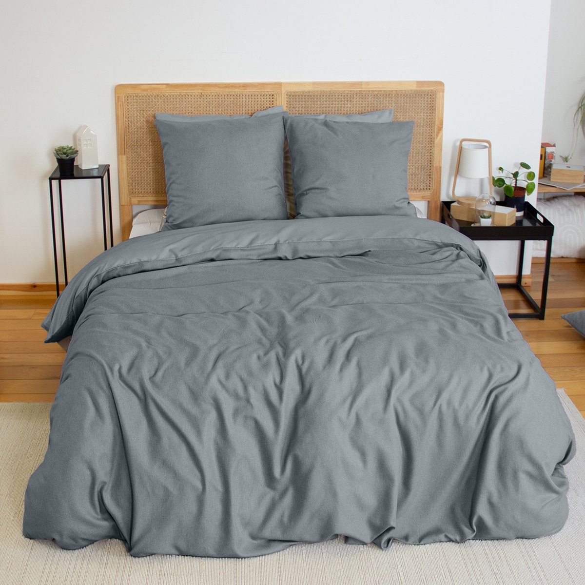Parure de lit flanelle douce et confort gris foncé, HOME MAISON