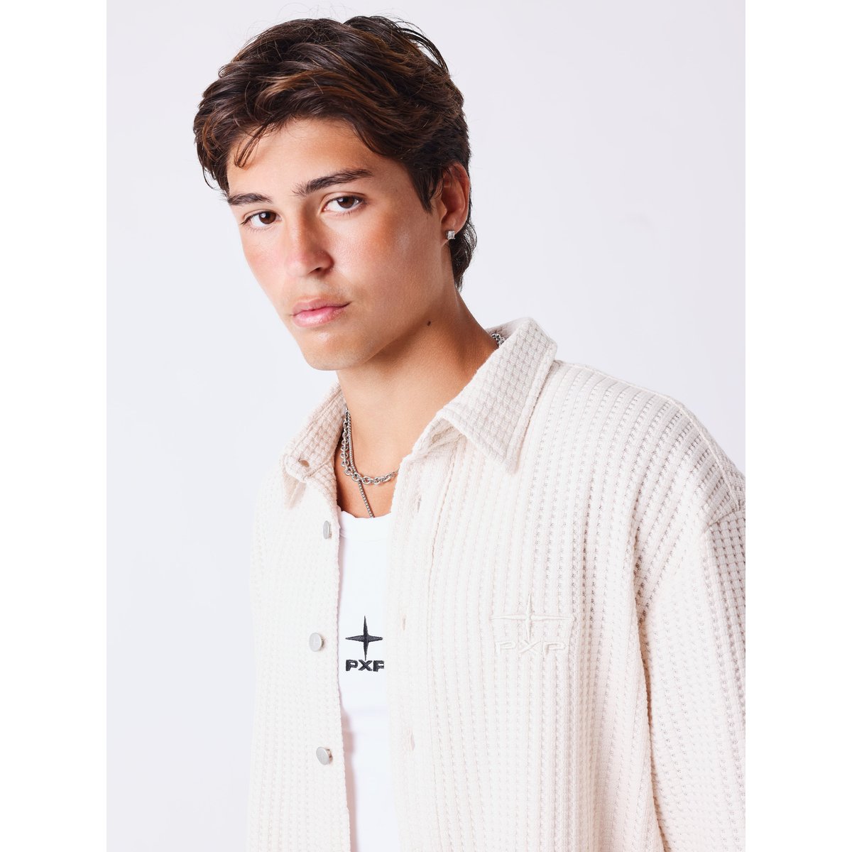 Chemise manches courtes Flower crème camel, PROJECT X