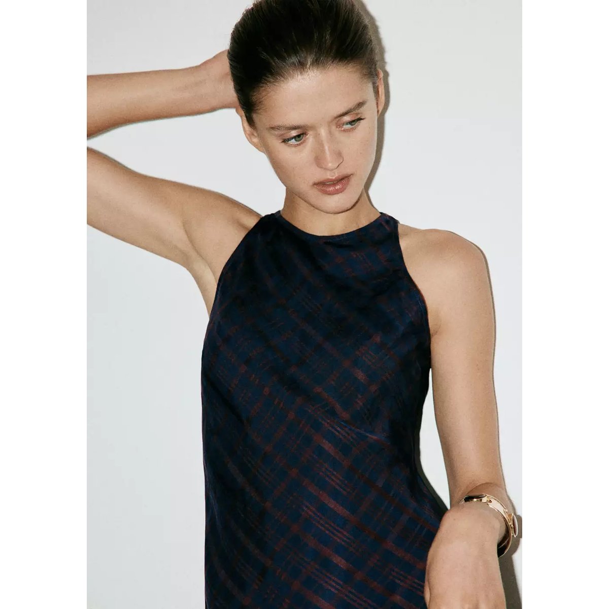 Robe halter à carreaux bleu, MANGO